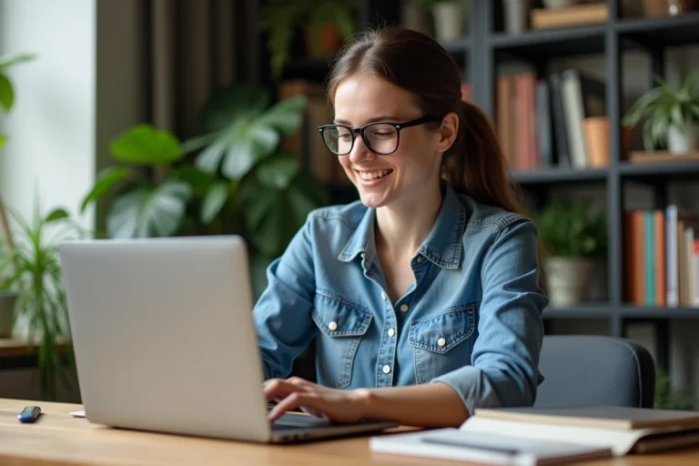 Jeune femme en denim souriante sur son bureau à la maison
