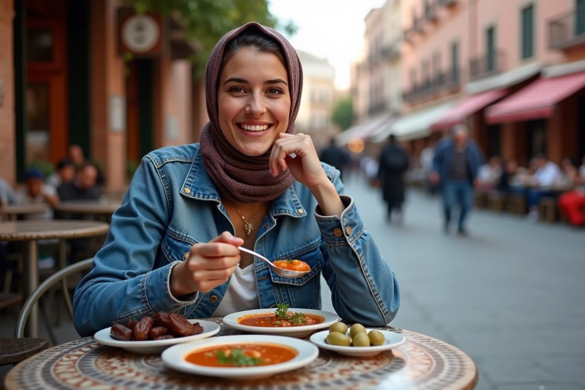 Jeune femme marocaine souriante avec soupe harira dans un café