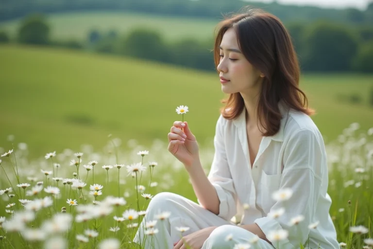 Jeune femme dans un pré avec marguerites