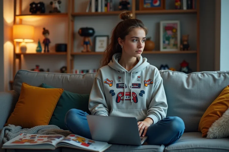 Jeune femme en hoodie rétro jouant sur son ordinateur dans un salon cosy