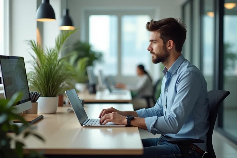 Jeune homme en bureau moderne travaillant sur son ordinateur