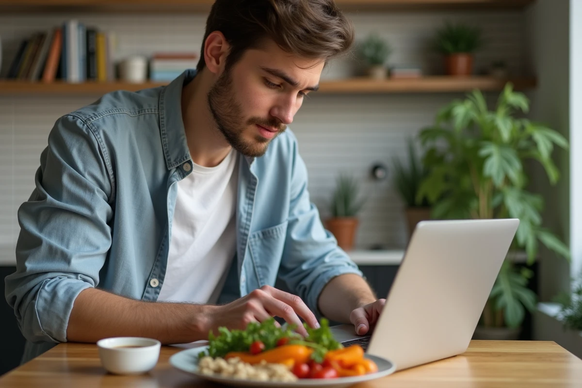 Jeune homme préparant un repas équilibré devant son ordinateur