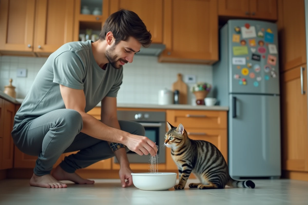 Jeune homme donnant à manger à un chat tigré dans la cuisine