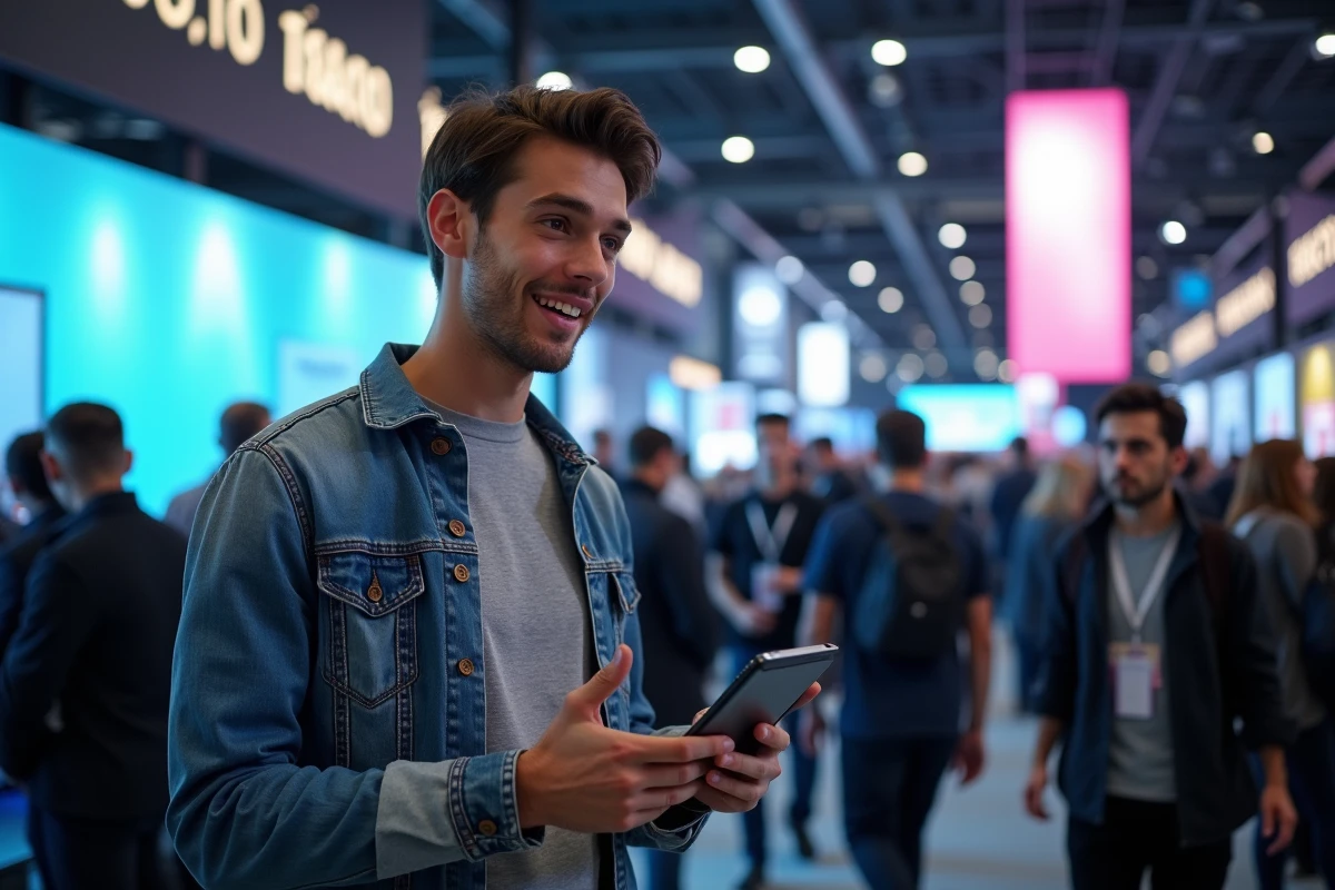 Jeune homme discutant devant un stand hightech lors d