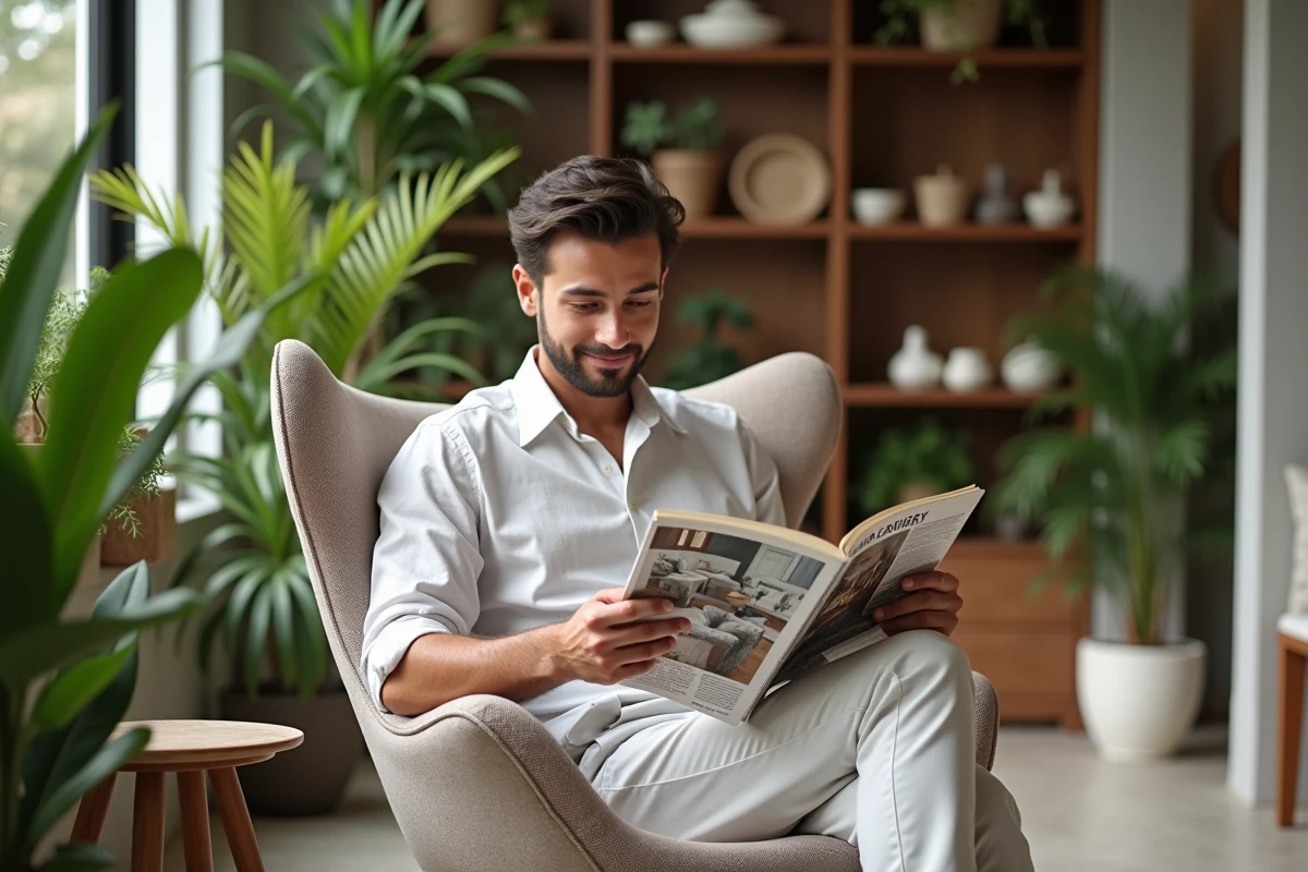 Jeune homme lisant un magazine dans un salon lumineux