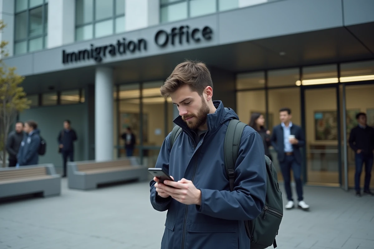 Jeune homme regardant son smartphone devant un bureau d