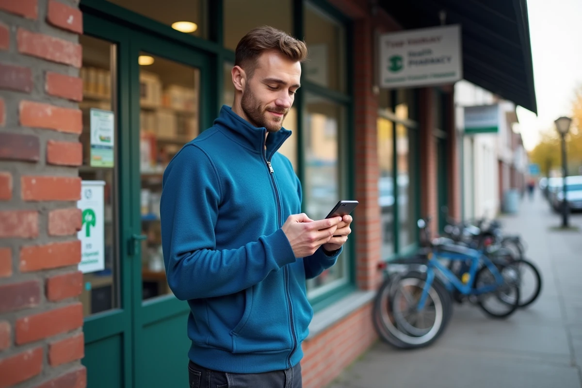 Jeune homme regardant son smartphone devant une pharmacie de petite ville