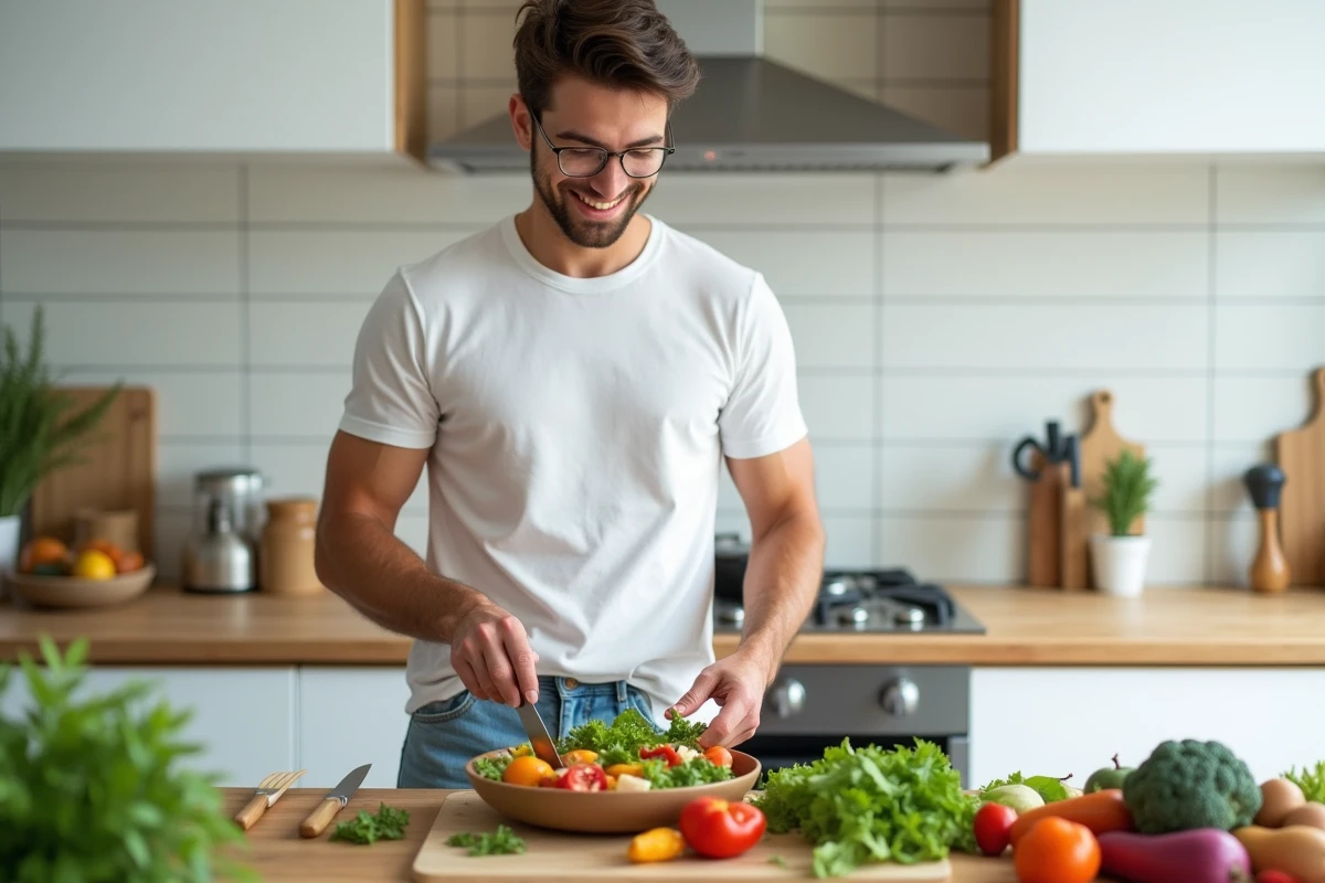 Jeune homme préparant une salade dans une cuisine moderne