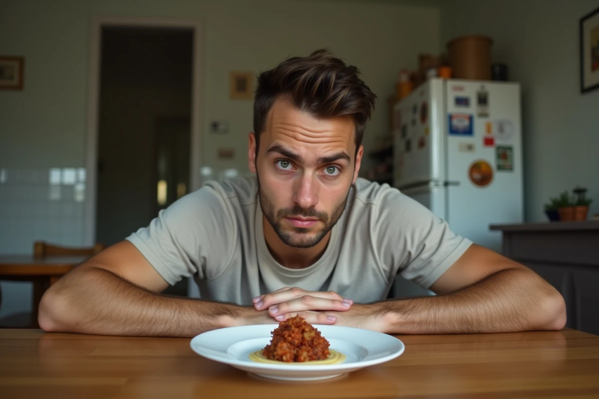 Jeune homme sentant des lardons sur une assiette