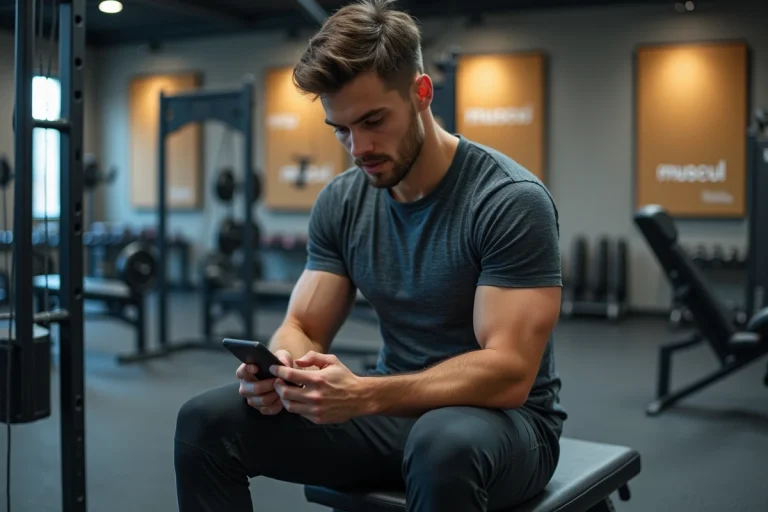 Jeune homme en tenue de sport sur un banc de gym
