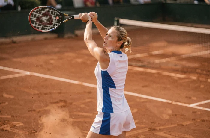 Joueuse de tennis en plein service sur un court en terre battue lors d'un tournoi professionnel