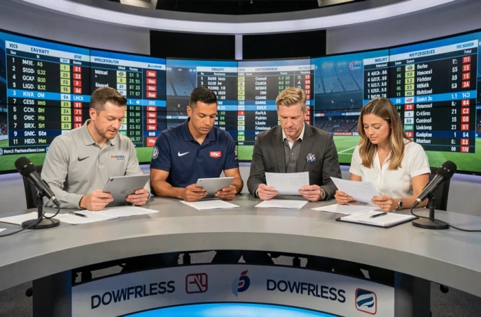 Journalistes sportifs en plateau de télévision analysant les dernières actualités sportives