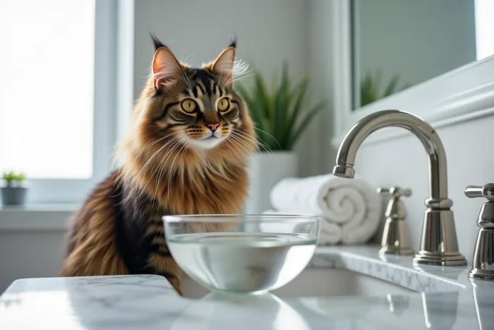 Maine Coon aux yeux ambrés observant un bol d'eau minérale en verre sur un plan vasque en marbre blanc dans une salle de bain