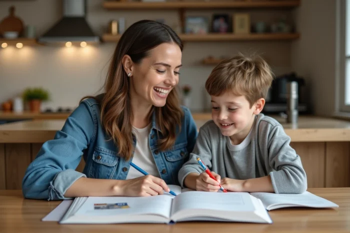 Maman et enfant faisant leurs devoirs à la maison