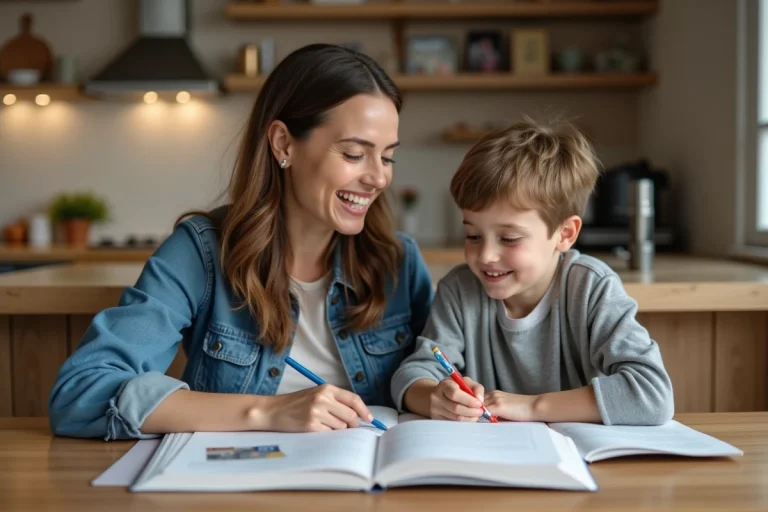 Maman et enfant faisant leurs devoirs à la maison