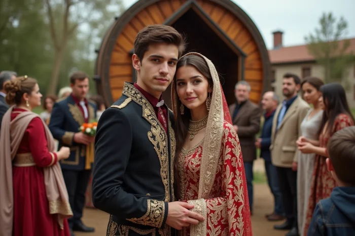 Jeune couple romani en tenue de mariage traditionnelle