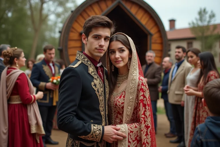 Jeune couple romani en tenue de mariage traditionnelle