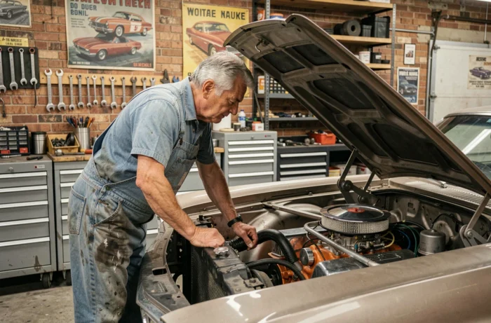 Mécanicien expérimenté travaillant sur le moteur d'une voiture ancienne américaine des années 1950 dans un atelier de restauration automobile