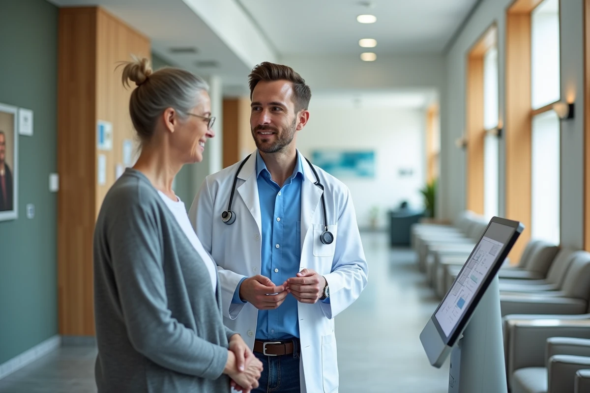 Jeune medecin interactant avec un patient dans une reception moderne