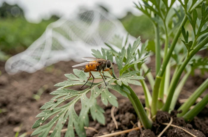 Gros plan d'une mouche de la carotte adulte posée sur le feuillage d'une carotte avec un filet anti-insectes visible en arrière-plan flou