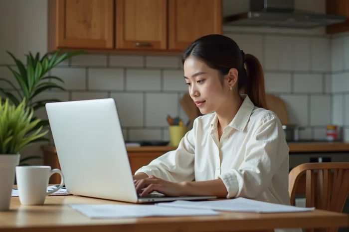 Parent consultant l'espace en ligne de suivi scolaire de son enfant depuis la cuisine familiale