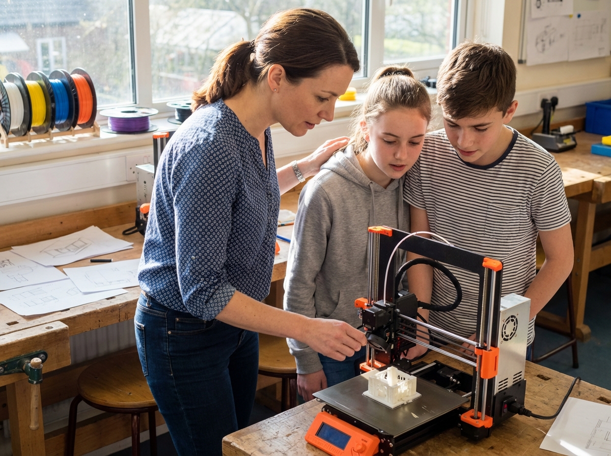 Professeure guide deux élèves utilisant une imprimante 3D en atelier