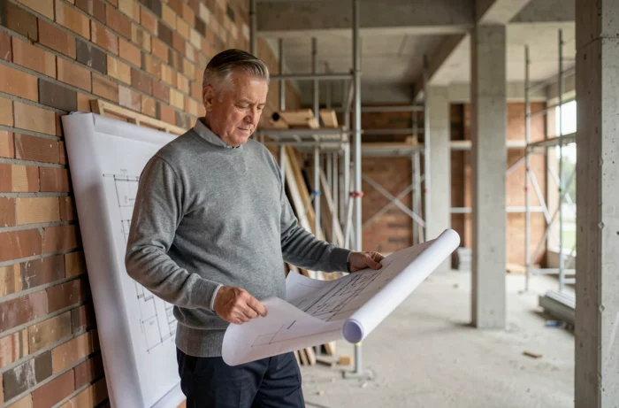 Promoteur immobilier examinant des plans architecturaux dans un chantier de construction résidentiel