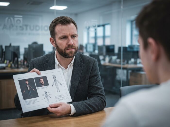 Recruteur d'un studio 3D analysant le portfolio d'un candidat issu d'une formation post-bac