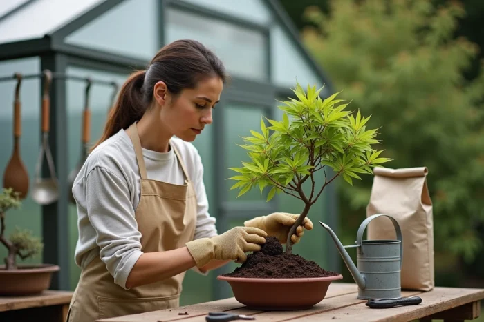 Jardinière rempotant un érable du Japon sur un établi extérieur avec substrat drainant et outils de jardinage pour remédier à la perte de feuilles