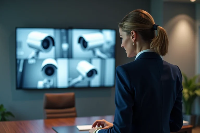Responsable en surveillance de sécurité dans un bureau moderne