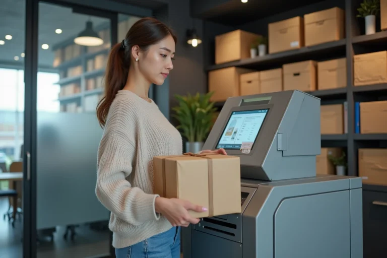Femme déposant un colis dans un kiosque moderne de livraison