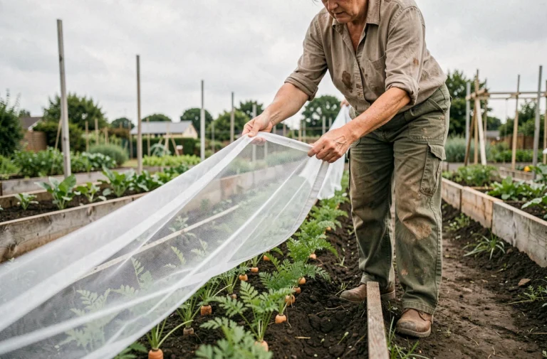Agricultrice retirant un filet anti-insectes blanc au-dessus d'une rangée de carottes en pleine croissance dans un potager printanier