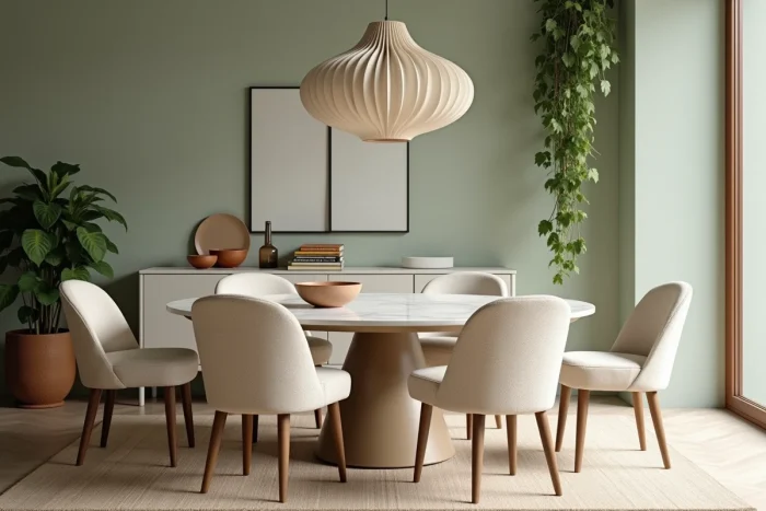 Salle à manger tendance avec table en marbre, chaises en bouclé ivoire et mur en enduit vert sauge pour une déco élégante