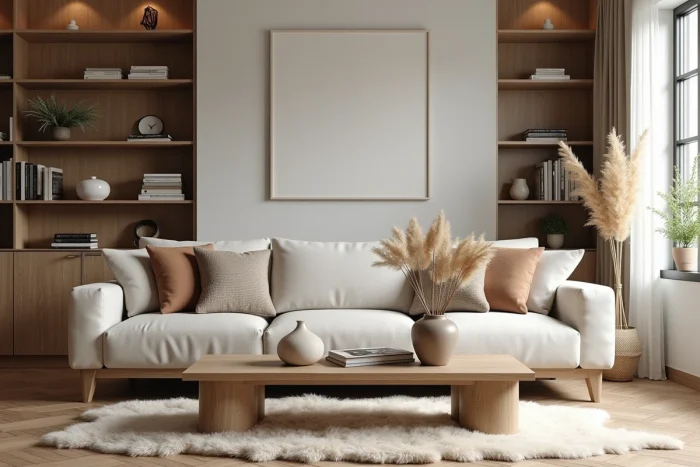 Salon contemporain avec décoration scandinave, canapé en lin naturel, table basse en bois et herbe de pampa dans un vase céramique