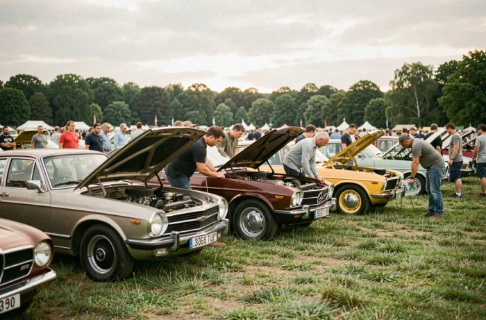 Rassemblement de voitures anciennes sur pelouse avec des passionnés admirant les véhicules lors d'un salon automobile vintage en plein air