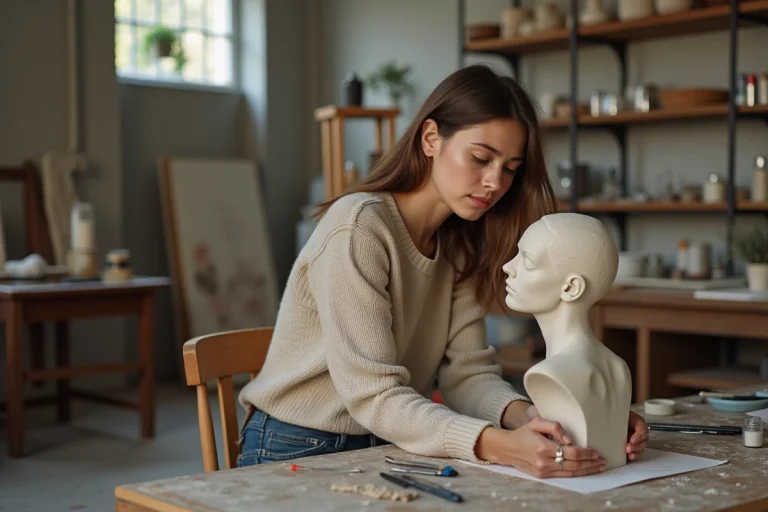 Jeune femme sculptant un buste en argile dans un atelier lumineux