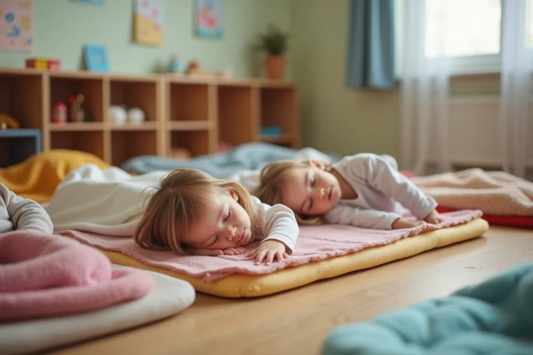 Enfants de maternelle faisant la sieste sur des tapis dans une salle de classe apaisante