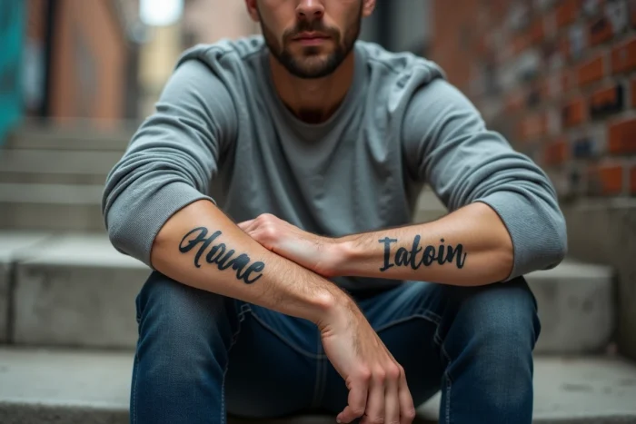 Tatouage de prénom en lettres grasses sur l'avant-bras d'un homme assis en milieu urbain