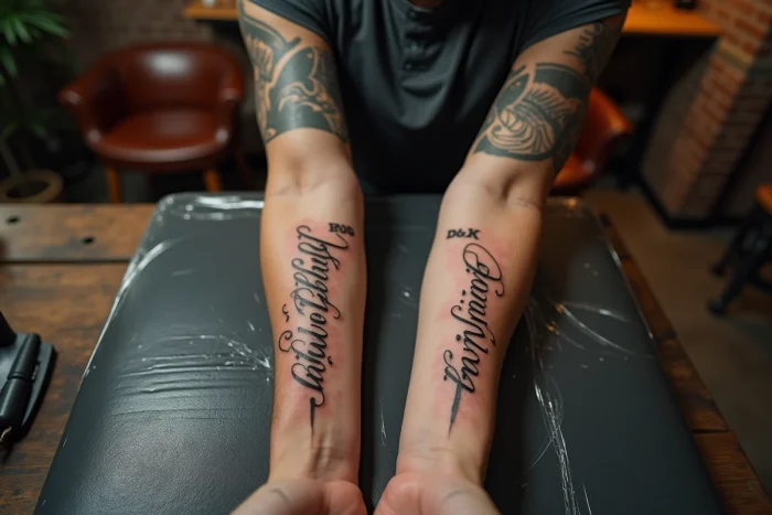 Deux avant-bras côte à côte montrant des styles de tatouages de prénoms différents dans un studio de tatouage