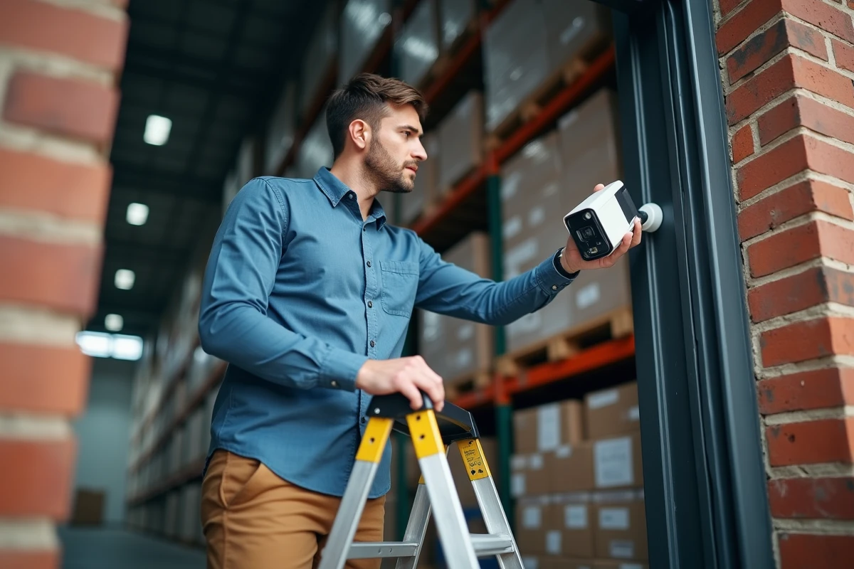Technicien de sécurité installant une caméra dans un entrepôt industriel