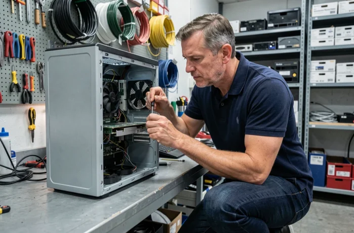 Technicien informatique réparant un ordinateur de bureau dans un atelier spécialisé en maintenance électronique