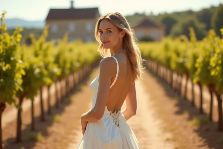 Mariée en robe de mariée satin ivoire minimaliste dans un vignoble français ensoleillé avec manoir en arrière-plan flou
