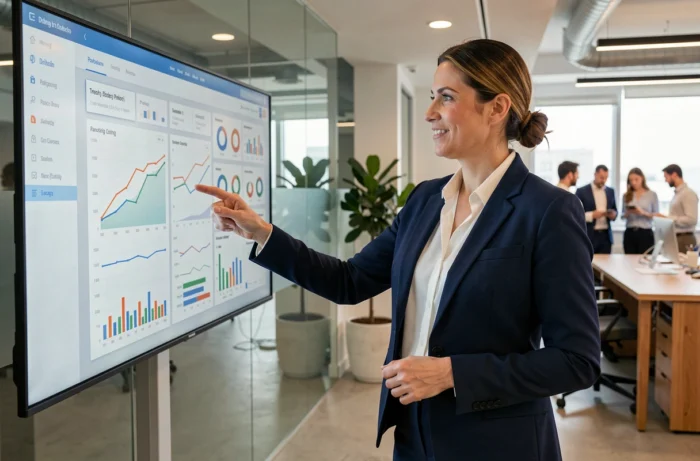 Femme professionnelle présentant un tableau de bord marketing digital sur écran tactile dans un bureau moderne en 2024