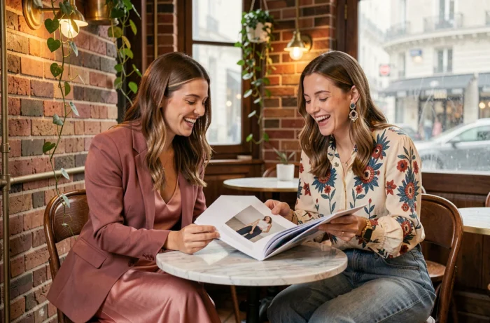 Deux femmes tendance feuilletant un lookbook de mode dans un café parisien à l'ambiance chaleureuse