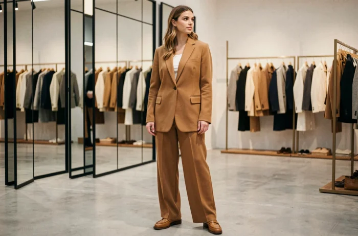 Jeune femme élégante portant un blazer oversize camel et un pantalon large dans une boutique parisienne moderne