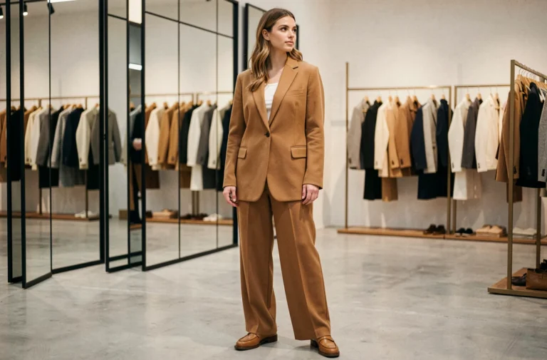 Jeune femme élégante portant un blazer oversize camel et un pantalon large dans une boutique parisienne moderne