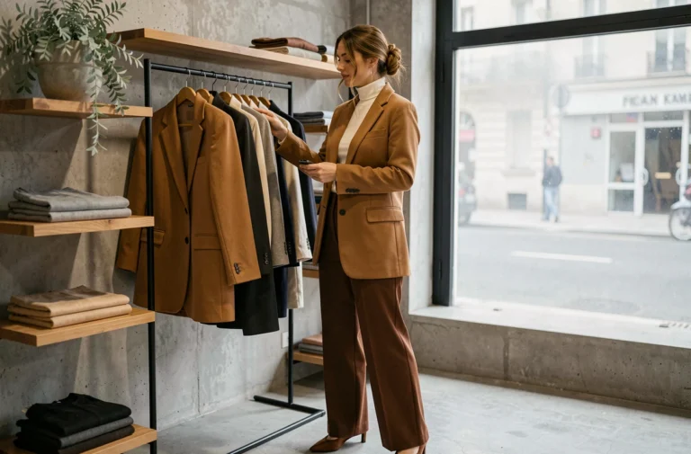 Femme élégante en blazer camel et pantalon large dans une boutique de mode parisienne minimaliste, tendances mode automne-hiver