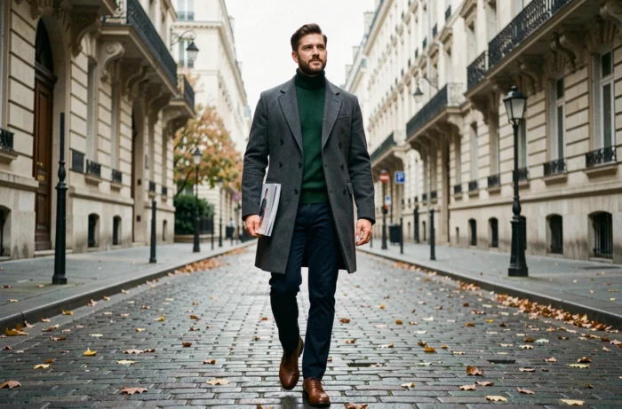 Homme stylé en manteau gris et col roulé vert marchant sur un pavé parisien en automne