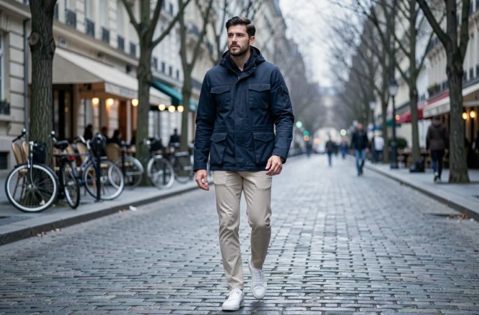 Homme stylé en veste utility marine et sneakers blanches marchant sur un boulevard pavé parisien, mode masculine street style tendance