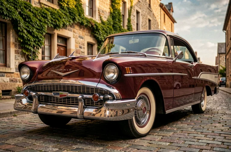 Voiture ancienne des années 1960 parfaitement restaurée garée sur des pavés, avec carrosserie bordeaux et finitions chromées brillantes